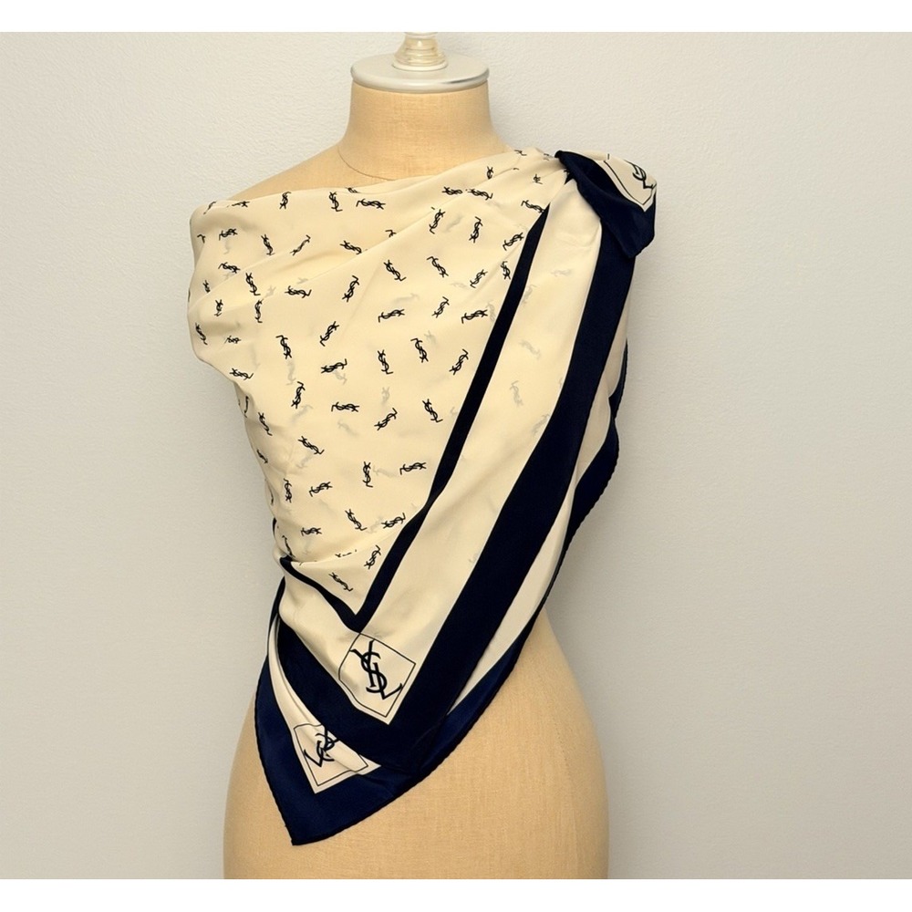 Yves Saint Laurent Silk Scarf YSL White Navy Monogram Logo Print  34" Square